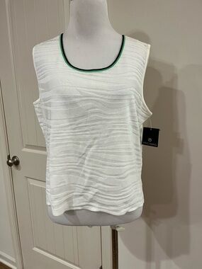 Ming Wang White Textured Sleeveless Top with Green-Trim Neckline